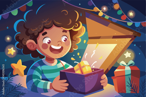 Excitement fills the air as a child unwraps a colorful gift during a festive evening celebration with twinkling lights