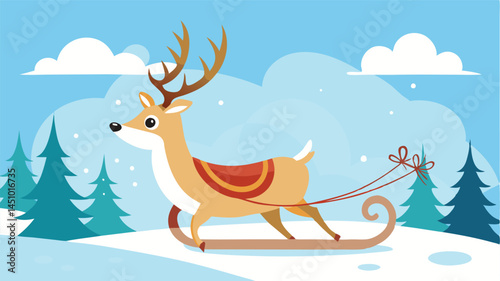 Festive reindeer pulling a sleigh through a snowy landscape during wintertime holidays