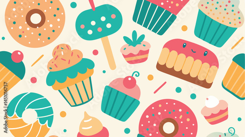 Colorful vector illustration of desserts featuring cupcakes, donuts, and cherries against a cheerful background with playful shapes and colors