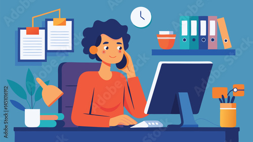 Professional woman engaged in remote work at a home office, speaking on a phone while managing tasks on a computer with organized workspace elements