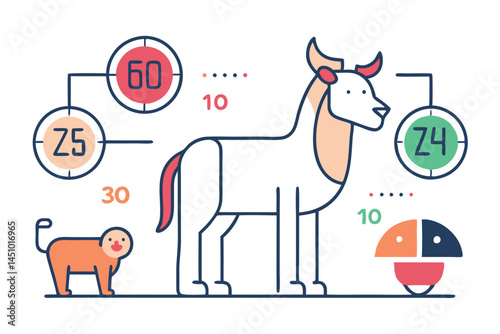 Vector illustration of various animals with graphs and statistics in a minimalist style showcasing data visualization