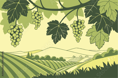 Lush grape vineyard, hanging clusters of green grapes, sunlit vine leaves, organic fruit farming, vibrant agricultural landscape, crisp detailed photography, soft natural lighting, green color pallet