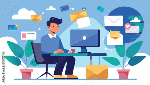 Vector illustration of a person engaged in email management at a desk surrounded by digital communication elements