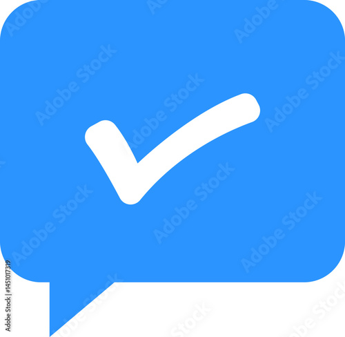 Speech bubble icon in blue with white check mark representing verified chat message confirmation or approved communication in modern flat digital UI design
