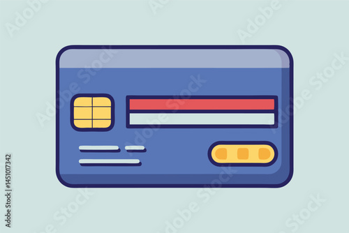 Red credit card illustration in flat design style featuring a chip and a magnetic stripe for digital payment representation