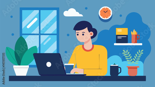 Vector illustration of a woman working on a laptop in a cozy workspace with plants and decor elements in a pleasant indoor environment during daytime