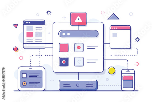 Vector illustration showcasing a modern computer interface featuring app icons, chat bubbles, and various digital notifications in a clean layout