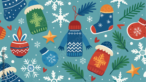 Decorative vector illustration featuring winter themes and holiday symbols, including snowflakes, mittens, hats, and ornaments on a deep blue background