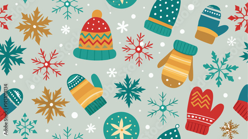 Decorative vector illustration featuring winter themes and holiday symbols, including snowflakes, mittens, hats, and ornaments on a deep blue background