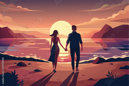Couple walking hand in hand along a beach at sunset with mountains in the background and calm waters reflecting vibrant colors