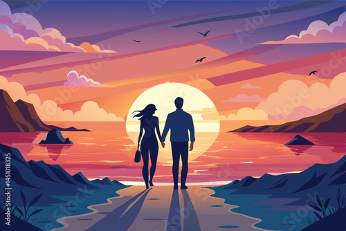 Couple walking hand in hand along a beach at sunset with mountains in the background and calm waters reflecting vibrant colors