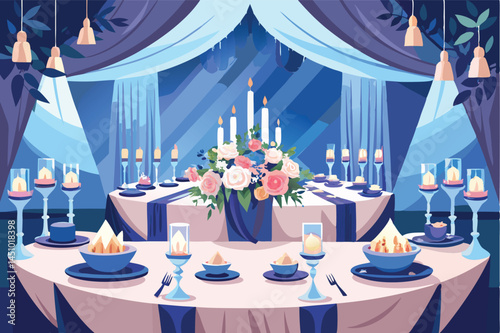 Elegant banquet setup featuring decorated tables with candles and flowers in a grand indoor venue for a special occasion in the evening