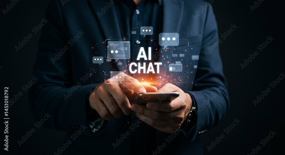 Person in suit using smartphone with ai chat interface and floating message bubbles around hands selling, purchasing, agreement, $ Person in suit using smartphone with ai chat interface and floating message bubbles around hands selling, purchasing, agreement, $