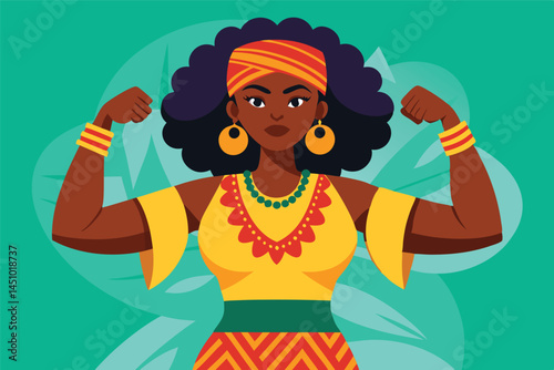 Empowered woman illustration with strong pose and vibrant colors representing strength and resilience in a contemporary style