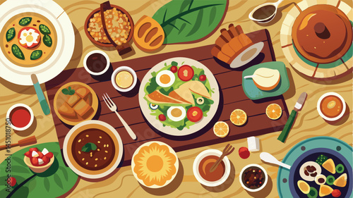 Delicious assortment of food spread on a wooden table showcasing traditional dishes and fresh ingredients for a vibrant culinary experience