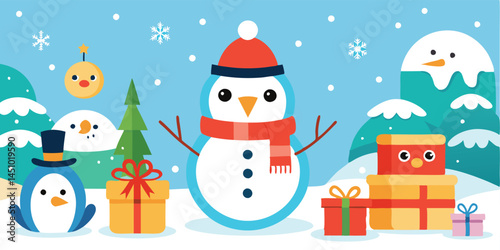 Cheerful winter celebration with snowmen and penguins surrounded by gifts and a festive tree in a snowy landscape