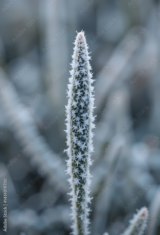 Delicate Ice Crystals Formed On A Lone Blade Of Grass. Winter's Embrace Creates Nature's Art. Beautiful Frostwork Patterns Revealed In A Stunning Close-up. A Reminder Of Winter's Beauty.
