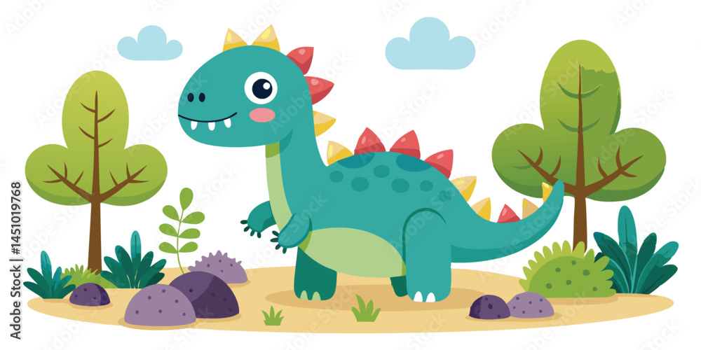Fototapeta premium Cheerful dinosaur standing in a colorful landscape with rocks, plants, and trees, perfect for children's illustrations or educational materials
