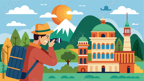 Colorful vector illustration of a traveler capturing images of historical architecture in a scenic landscape during bright daylight