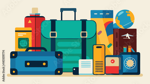 Colorful vector illustration showcasing travel essentials including suitcases, a globe, and travel gear for adventure seekers and explorers