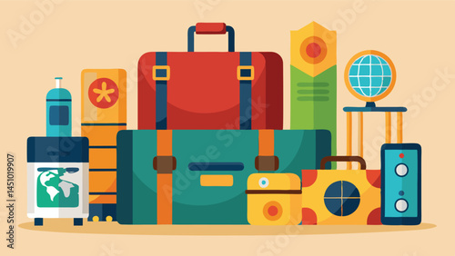 Colorful vector illustration showcasing travel essentials including suitcases, a globe, and travel gear for adventure seekers and explorers