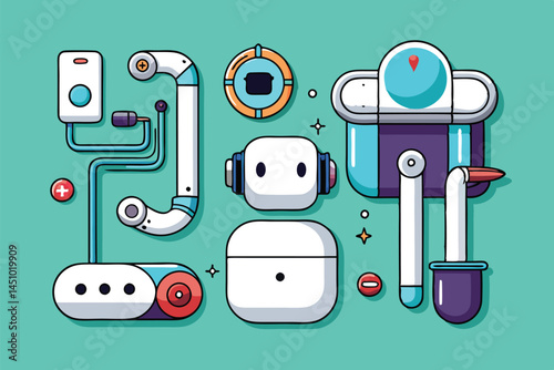 Vector illustration of various tech gadgets and accessories arranged creatively on a blue background, showcasing modern electronics with practical uses