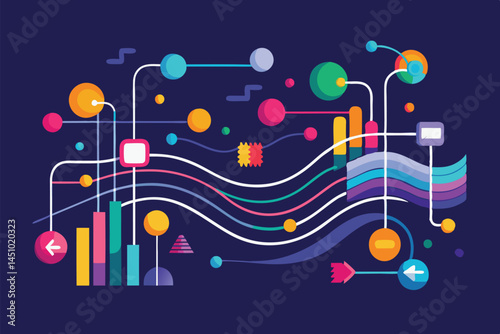Colorful vector illustration representing data visualization with colorful charts, lines, and geometric shapes on a dark background