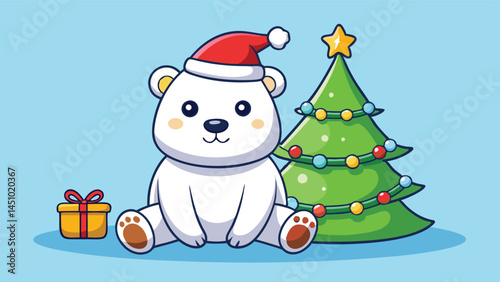 Festive polar bear wearing a red hat and scarf with decorated Christmas trees in a snowy winter landscape