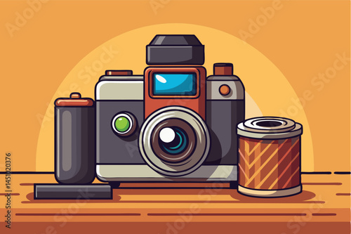 Vintage camera with film roll and developing tank on wooden surface illuminated by warm light in creative setting