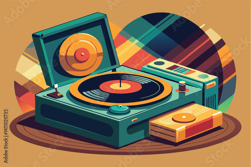 Colorful vector illustration of a vintage record player with stacked vinyl records and sound waves in a bright background
