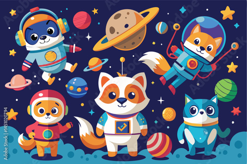 Colorful vector illustration featuring playful animals in space with planets and stars, showcasing fun exploration and imaginative adventure for kids in a vibrant cosmic setting