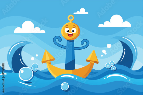 Colorful vector illustration of a happy anchor floating on waves under a bright blue sky with clouds and bubbles during a sunny day