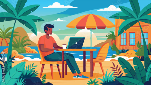 Working remotely from a tropical beach setting with palm trees and a vibrant sunset while enjoying nature's beauty and tranquility