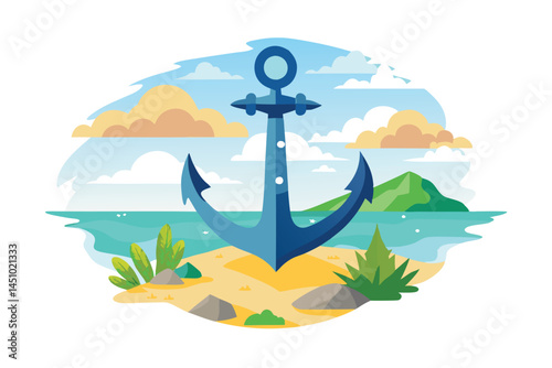 Vector illustration of a blue anchor on a sandy beach beside vegetation and the ocean under a clear sky during daytime