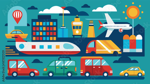 Vector illustration showcasing diverse modes of transportation in a vibrant urban setting with buildings, vehicles, and scenic elements