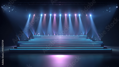 A vibrant stage with multiple levels is brightly lit with colorful spotlights shining down in preparation for a captivating performance or event tonight.