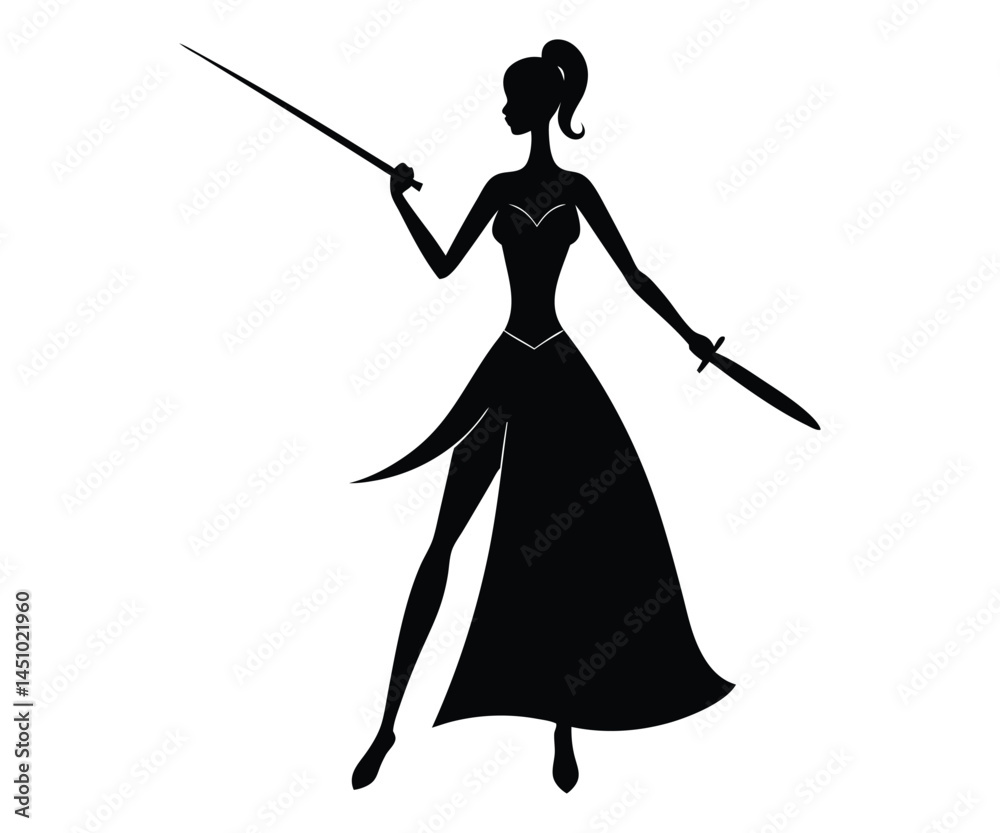Transparent PNG available
A black silhouette of a glamour lady with a sword and bag suggests a fashionable illustration. Transparent PNG available
A black silhouette of a glamour lady with a sword and bag suggests a fashionable illustration.