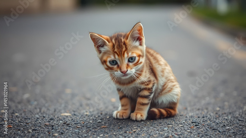 Harmless sad kitten sits on the asphalt