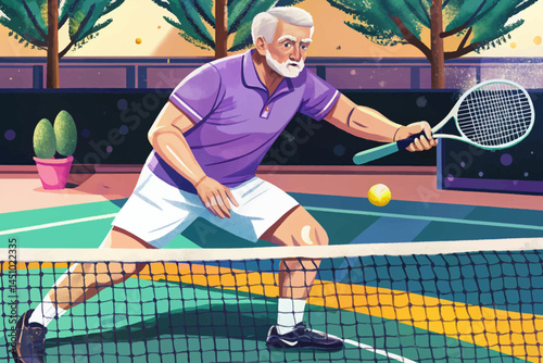 Senior male tennis player in motion, wearing sportswear and swinging racket on outdoor court. Active lifestyle and healthy aging concept, perfect for fitness, wellness, and sports designs vector