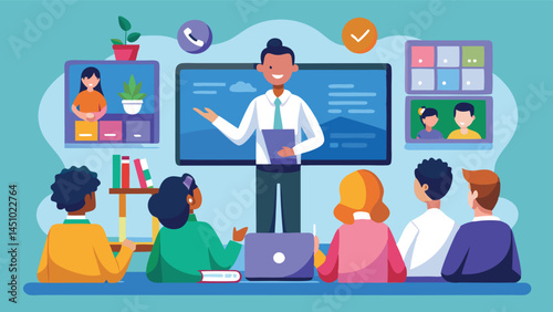 Engaging classroom vector illustration featuring a teacher presenting to students in a modern digital learning environment