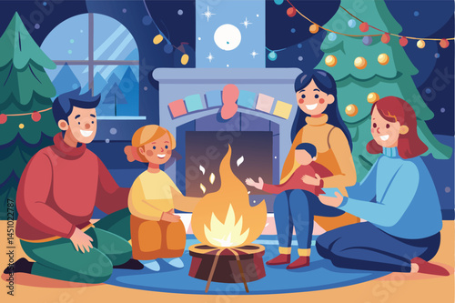 Family gathering around a cozy fireplace surrounded by festive decorations and a joyful atmosphere during the winter holiday season