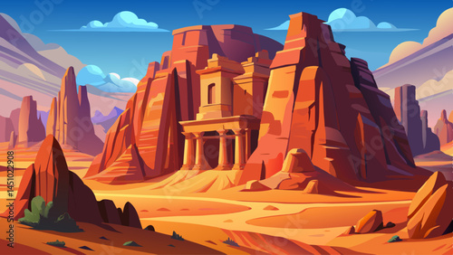 Towering red sandstone cliffs rise above the golden sands of Wadi Rum