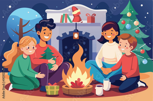 Family gathering around a cozy fireplace surrounded by festive decorations and a joyful atmosphere during the winter holiday season