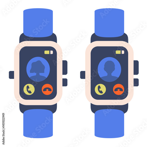 Ringing sign. Incoming call symbol on Digital smartwatch. Flat Trendy wearable device with ringing symbol on screen. Phone call alert on wearable device. Digital watch call notification. Vector