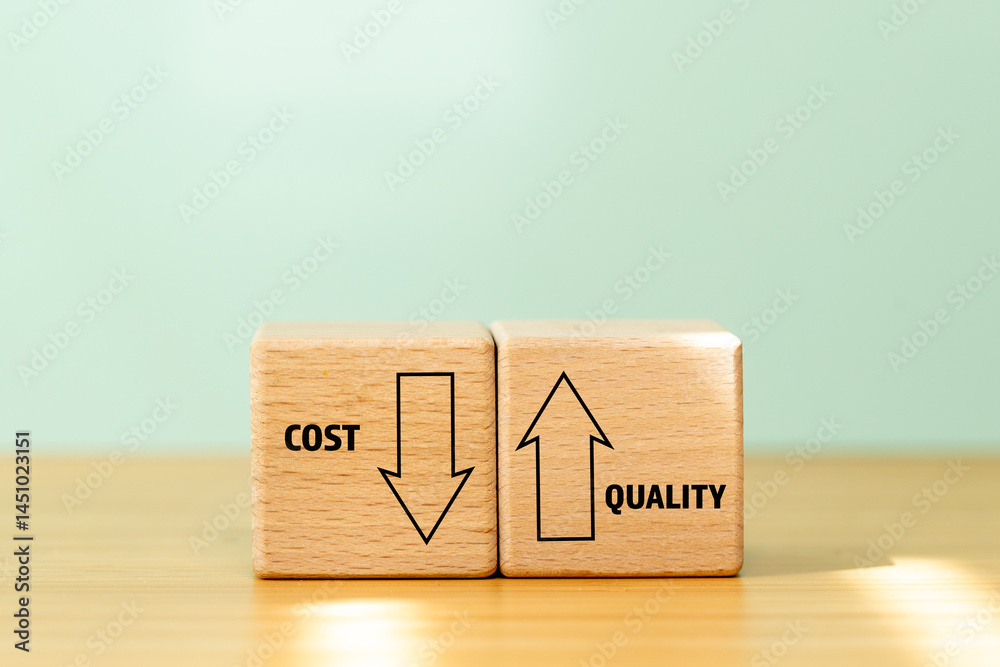 Costs down, quality up. Company management strategy. Increasing efficiency and reducing unnecessary costs. The concept of business success and effective management.