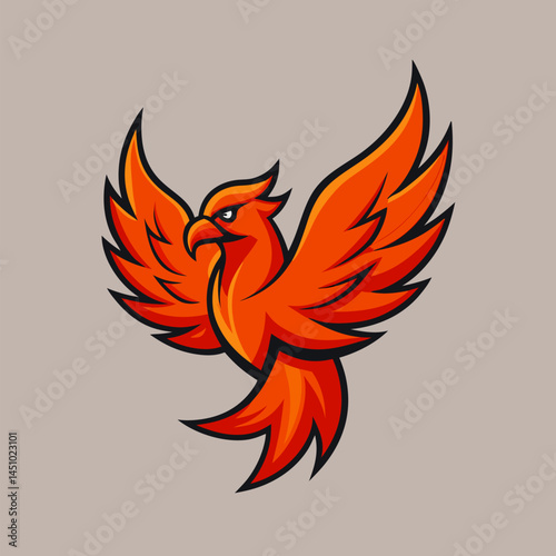 Fiery Phoenix Rising: A majestic phoenix with fiery orange plumage takes flight against a simple backdrop, embodying rebirth, strength, and renewal.