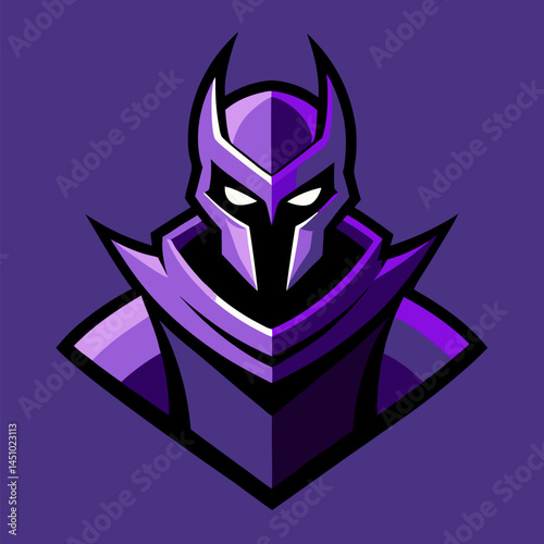 Purple Knight Mascot Logo: A fierce and enigmatic knight mascot, clad in full purple armor, his helmet casting a mysterious shadow over his face. This logo, rendered in a stylized and dynamic design.