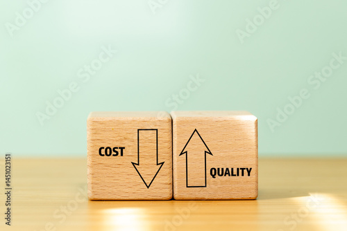 Costs down, quality up. Company management strategy. Increasing efficiency and reducing unnecessary costs. The concept of business success and effective management.