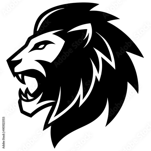 Majestic Lion Emblem: A powerful black and white emblem showcases the strength and regal nature of a lion, with a focus on its detailed mane, intense gaze, and roaring expression. 