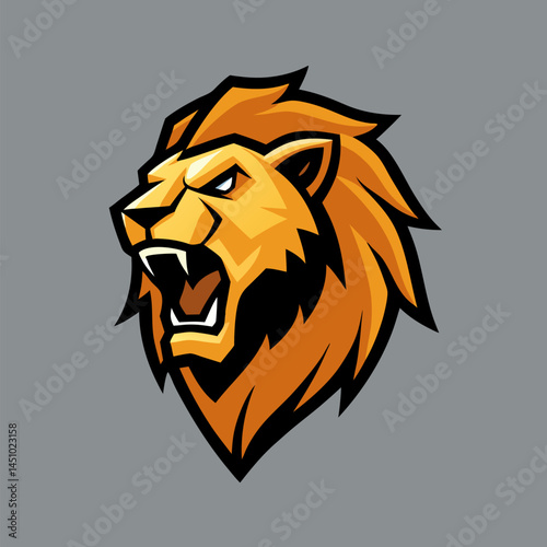 Roaring Lion Mascot: A bold graphic illustration showcases a fierce lion's head, exuding strength and power with its open jaws and commanding presence.